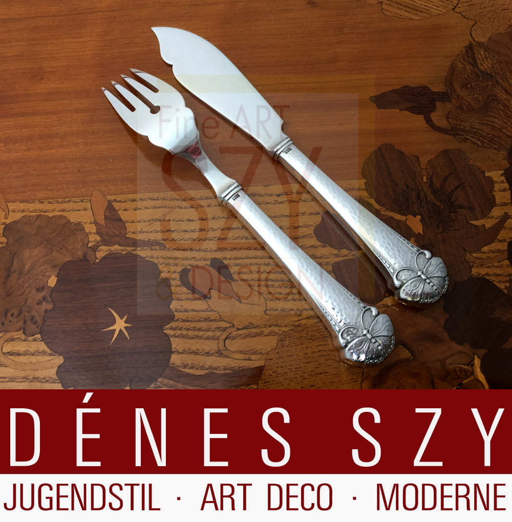 Coltello da pesce, Motivo: farfalla o uccello estivo, Posate in argento Art Nouveau, Design: Frigast Danimarca intorno al 1900/05, Esecuzione: Copenaghen circa 1920, 830 argento