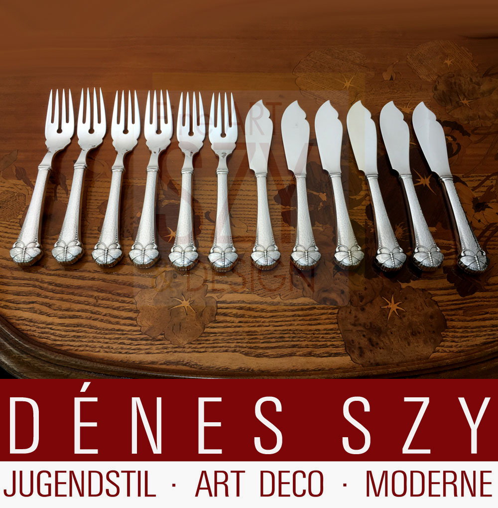 Servizio di posate pesce per 6 persone, Soggetto: farfalla o uccello estivo, Posate in argento Art Nouveau, Design: Frigast Danimarca intorno al 1900/05, Esecuzione: Copenaghen circa 1920, 830 argento