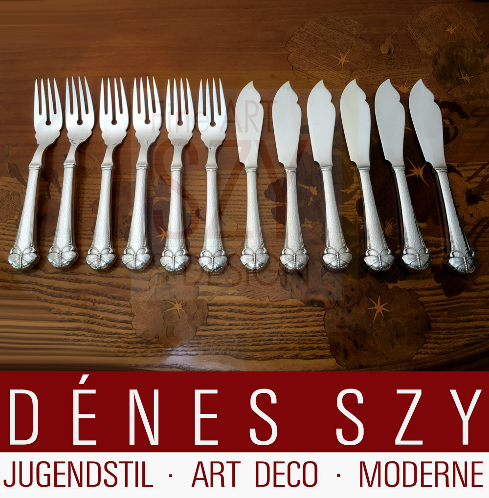 Servizio di posate pesce per 6 persone, Soggetto: farfalla o uccello estivo, Posate in argento Art Nouveau, Design: Frigast Danimarca intorno al 1900/05, Esecuzione: Copenaghen circa 1920, 830 argento