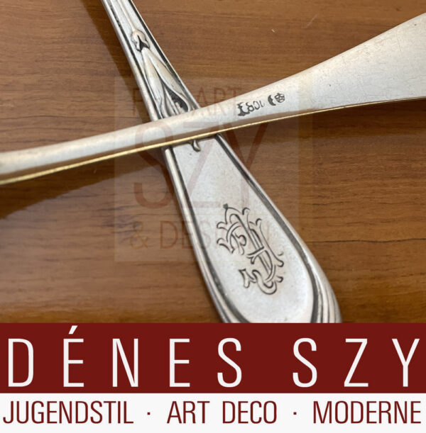 Cucchiaio per gelato o composta, Posate d'argento in stile liberty, Motivo: giglio di Brema, modello n. 25600, Disegno: Hugo Leven 1900, Esecuzione: Koch & Bergfeld, Germania Brema, argento 800