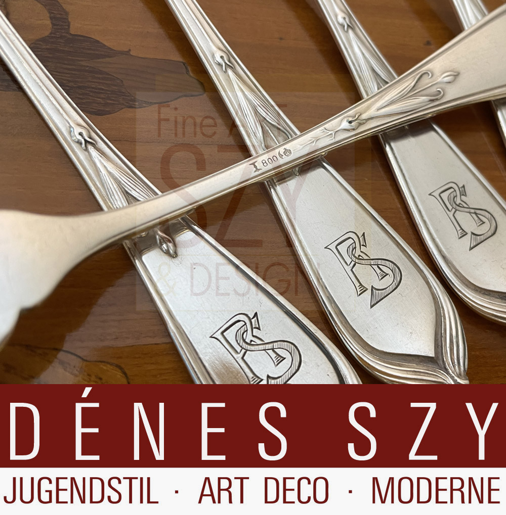 Forchetta da pesce, Posate Art Nouveau in argento tedesco, Motivo: giglio di Brema, modello n. 25600, Disegno: Hugo Leven 1900, Esecuzione: Koch & Bergfeld, Germania Brema, argento 800