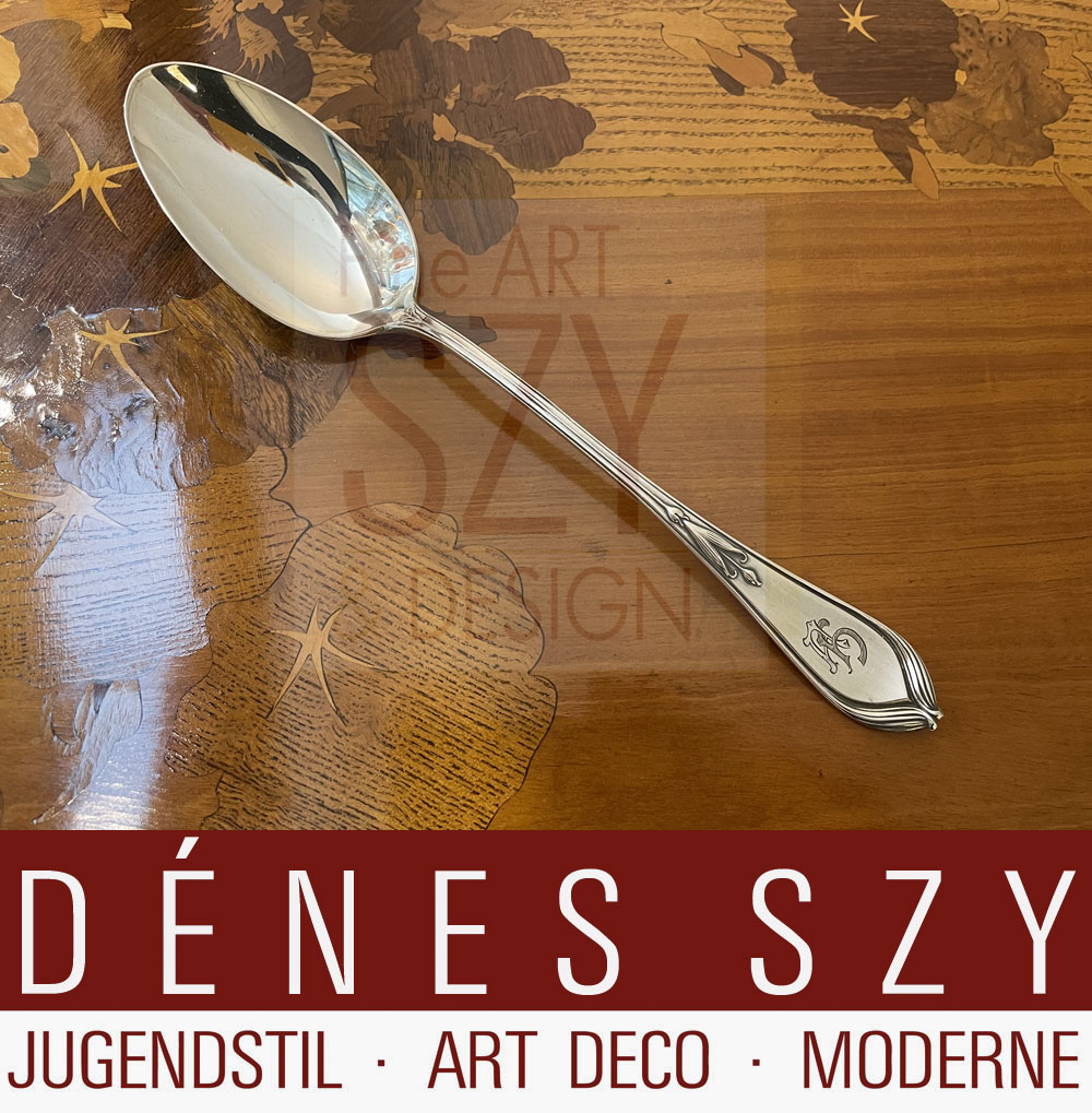 Cucchiaione da portata XL, Posate d'argento in stile liberty tedesco, Motivo: giglio di Brema, modello n. 25600, Disegno: Hugo Leven 1900, Esecuzione: Koch & Bergfeld, Brema, argento 800