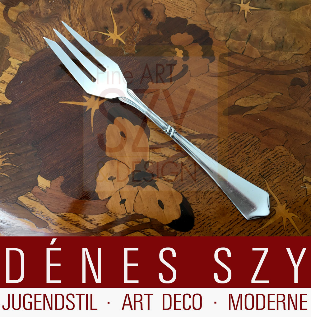 Forchetta dolce da posate in argento modello 2800, Legamento crociato con giglio, Design: design di fabbrica prima del 1900, Esecuzione: Vereinigte Duesseldorfer Silberwarenfabriken VSF, Germania, Argento 800