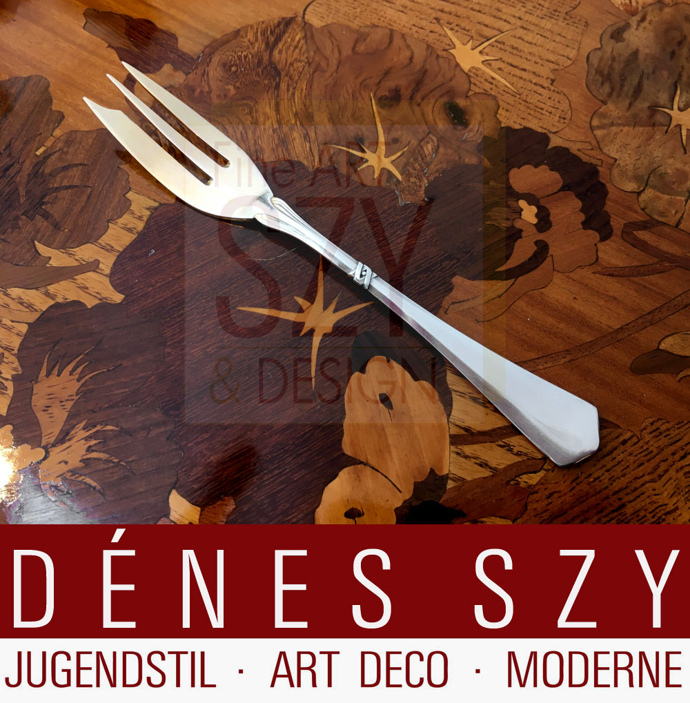 Forchetta da dolce, posate in argento modello 2800, Design: design di fabbrica prima del 1900, Esecuzione: Vereinigte Duesseldorfer Silberwarenfabriken VSF, Germania, Argento 800, parzialmente placcato in oro