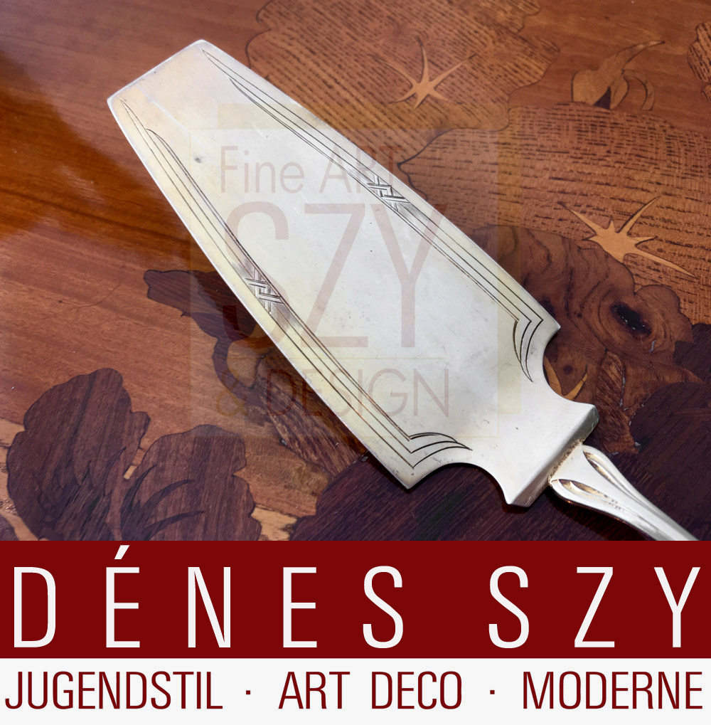 Spatola per torta dal modello Legamento crociato, design di fabbrica prima del 1900, Vereinigte Duesseldorfer Silberwarenfabriken VSF Germania, Argento 800, parzialmente dorato, inciso