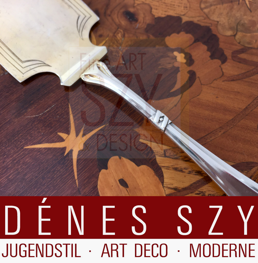 Spatola per torta dal modello Legamento crociato, design di fabbrica prima del 1900, Vereinigte Duesseldorfer Silberwarenfabriken VSF Germania, Argento 800, parzialmente dorato, inciso