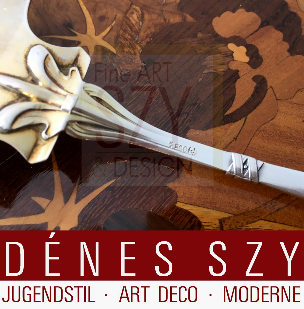 Spatola per torta dal modello Legamento crociato, design di fabbrica prima del 1900, Vereinigte Duesseldorfer Silberwarenfabriken VSF Germania, Argento 800, parzialmente dorato, inciso