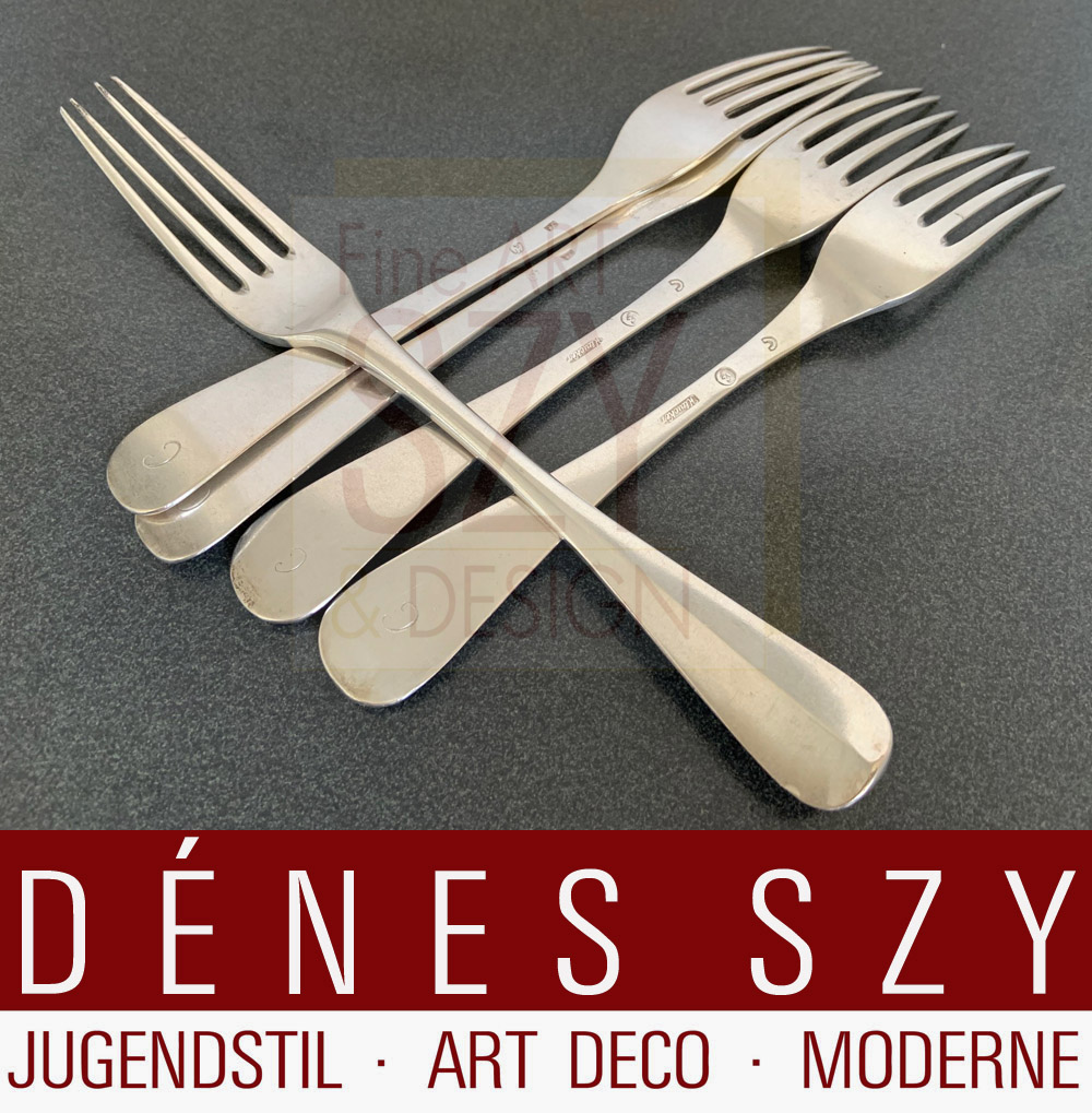 Set di cinque forchette da tavola tedesche, 3x Lüneburg ca. 1810, argento 12 Lot, Johann Heinrich Lorenz Kleucker (Sen), 2x (Amburgo-) Harburg, Georg Stegemeyer