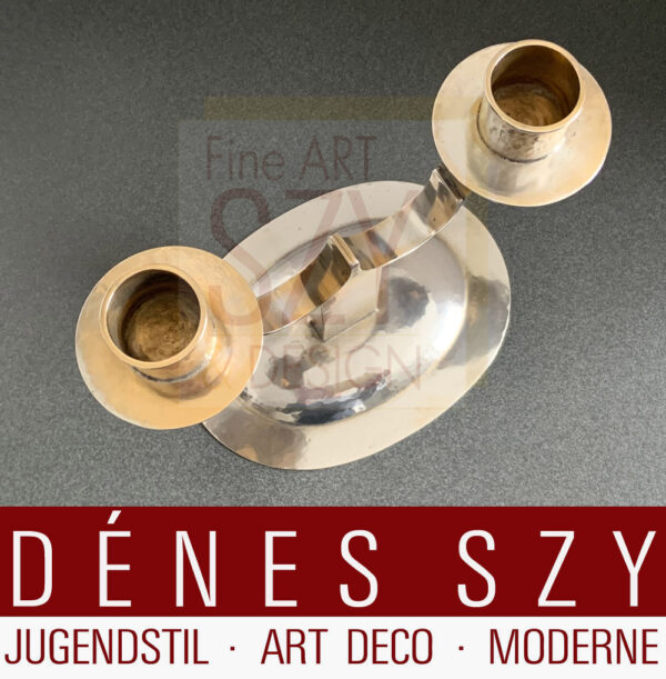 Paio di candelabri in argento Art Deco Bauhaus a due braccia, Design ed esecuzione: Lipsia anni '20, argento 800, delicata doratura residua