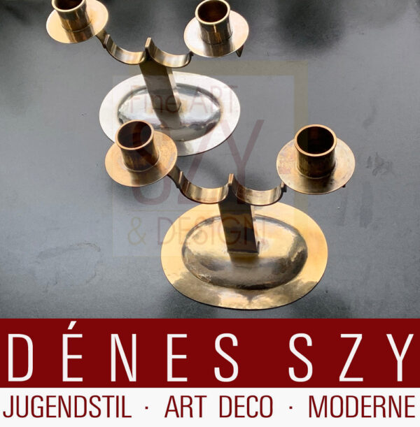 Paio di candelabri in argento Art Deco Bauhaus a due braccia, Design ed esecuzione: Lipsia anni '20, argento 800, delicata doratura residua