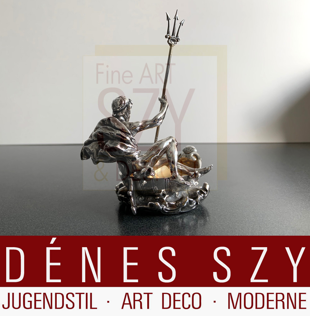 Saliera a forma di barca con la figura di Nettuno / Poseidone, Progettazione ed esecuzione: Koch & Bergfeld, Brema, Argento 925, parzialmente dorato