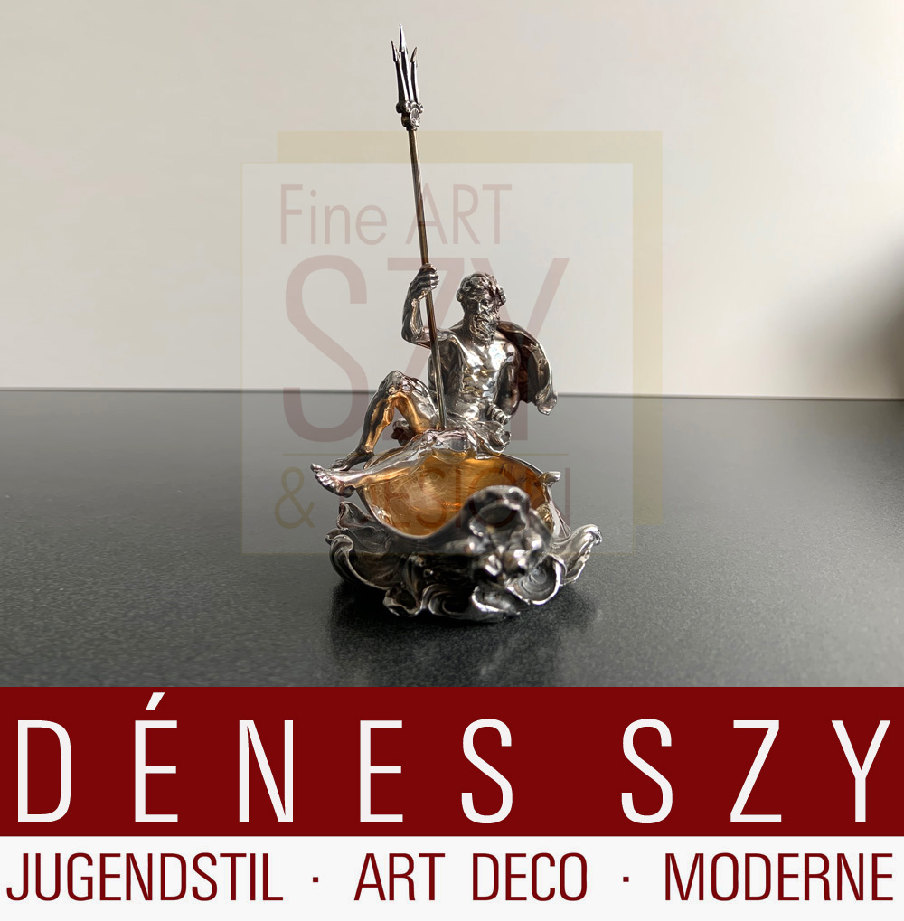 Saliera a forma di barca con la figura di Nettuno / Poseidone, Progettazione ed esecuzione: Koch & Bergfeld, Brema, Argento 925, parzialmente dorato