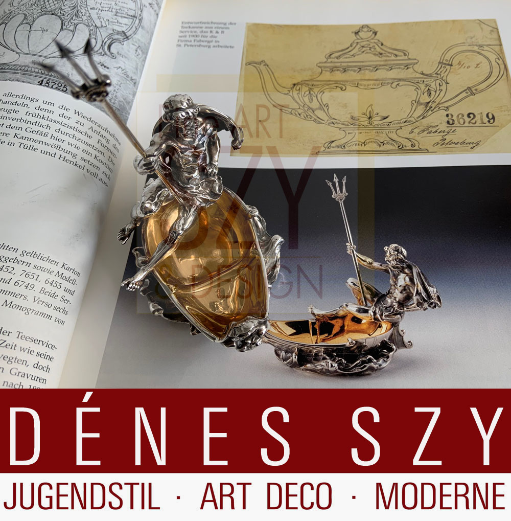 Saliera a forma di barca con la figura di Nettuno / Poseidone, Progettazione ed esecuzione: Koch & Bergfeld, Brema, Argento 925, parzialmente dorato