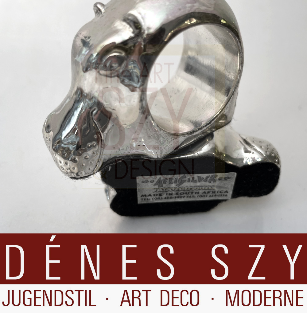 Portatovagliolo d'argento, con una rappresentazione tridimensionale di un ippopotamo, Design ed esecuzione: AfriSilver, Sud Africa XX secolo, argento sterling 925, filled