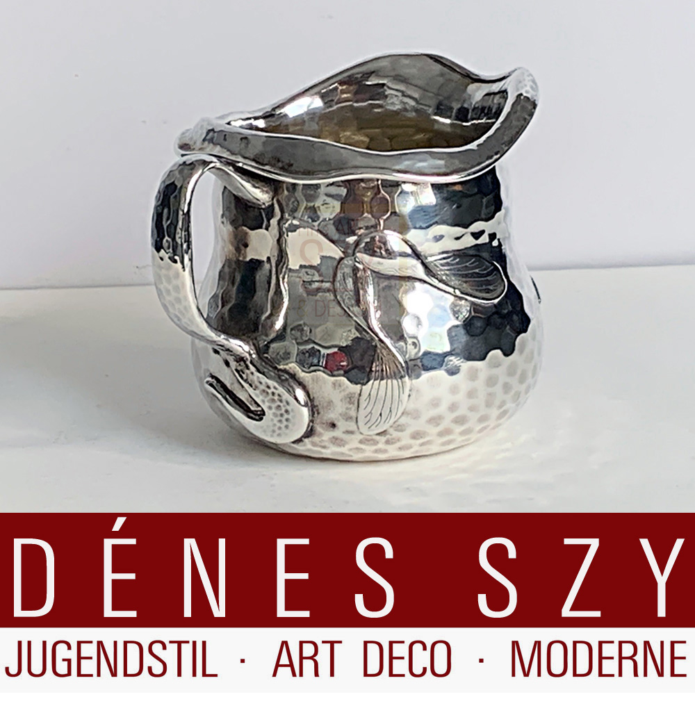 Tiffany mixed Metal, Jugendstil Kanne mit Hammerschlag dekor, Ahornblatt und Frucht Applikation, Silber 925, teilvergoldet