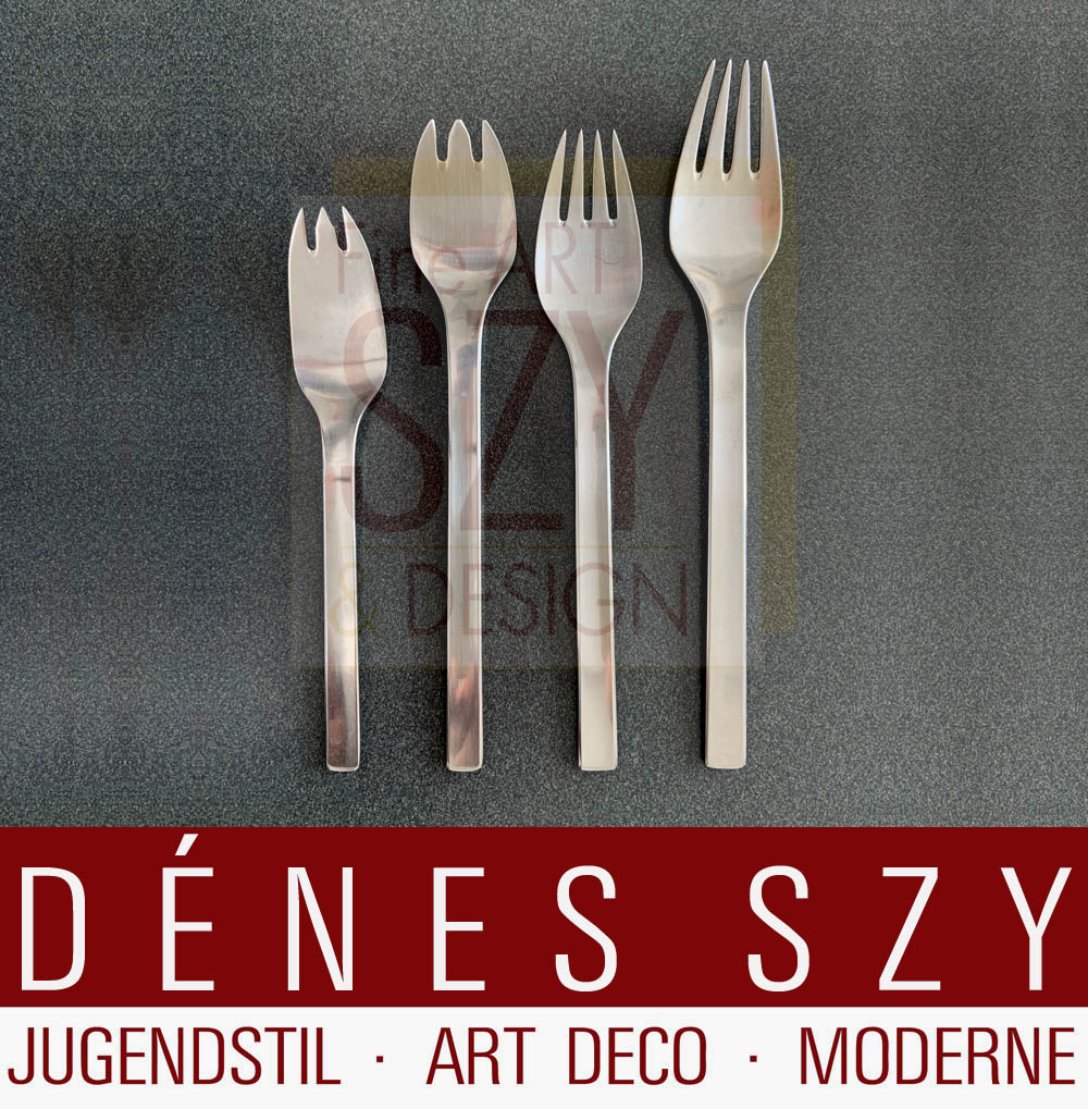 Forchetta per dolci (prima foto 1a da sinistra), TUJA / TANAQVIL, Design: Magnus Stephensen 1955, Design moderno di metà secolo, Esecuzione: argentiere Georg Jensen, Copenhagen anni '50, Danimarca