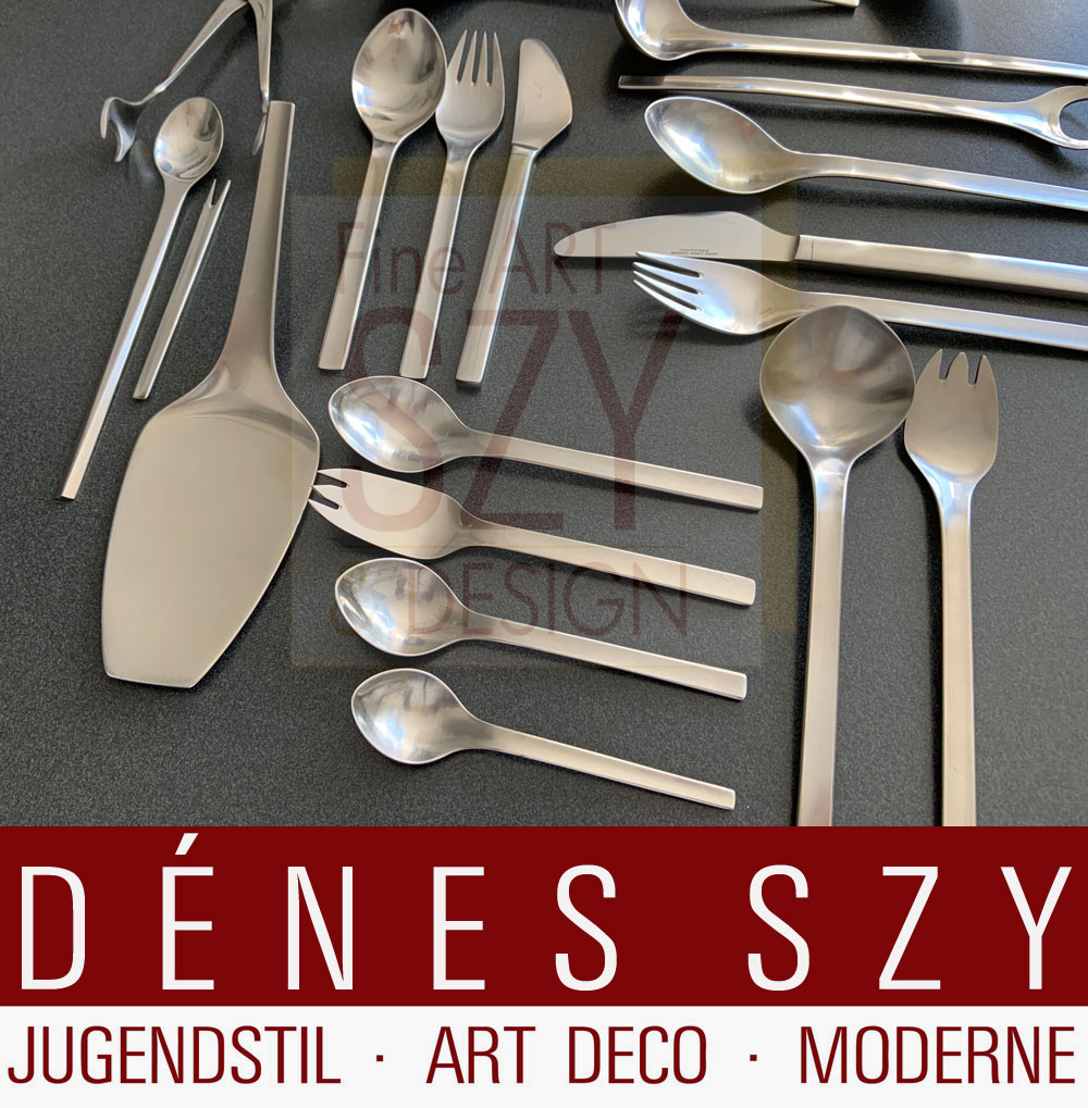Komplettes Besteck Set für 12 Personen mit Vorlegern, Muster TUJA / TANAQVIL, Entwurf: Magnus Stephensen 1955, Georg Jensen Silberschmiede, Kopenhagen 1950er, Edelstahl, Mid Century Modern