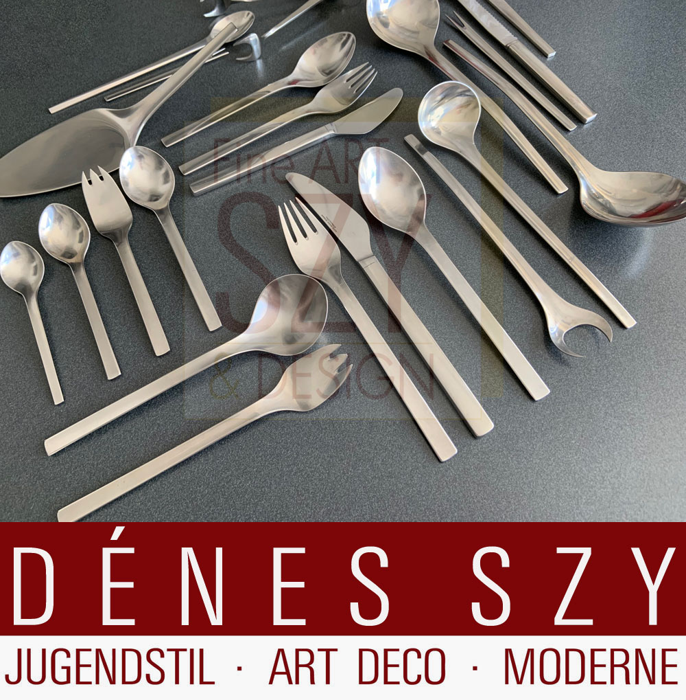 Komplettes Besteck Set für 12 Personen mit Vorlegern, Muster TUJA / TANAQVIL, Entwurf: Magnus Stephensen 1955, Georg Jensen Silberschmiede, Kopenhagen 1950er, Edelstahl, Mid Century Modern