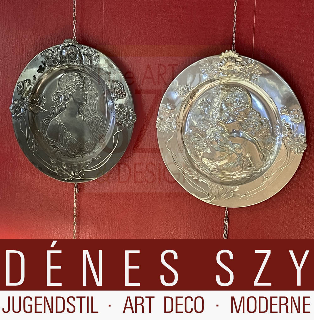 Due piatti da parete Art Nouveau n. 237a e 237, Württembergische Metallwarenfabrik WMF, Geislingen Germania intorno al 1900, Britannia metal