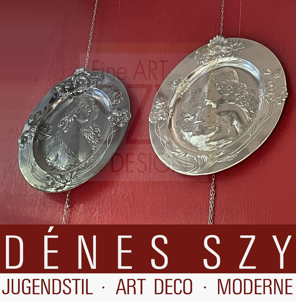 Due piatti da parete Art Nouveau n. 237a e 237, Württembergische Metallwarenfabrik WMF, Geislingen Germania intorno al 1900, Britannia metal