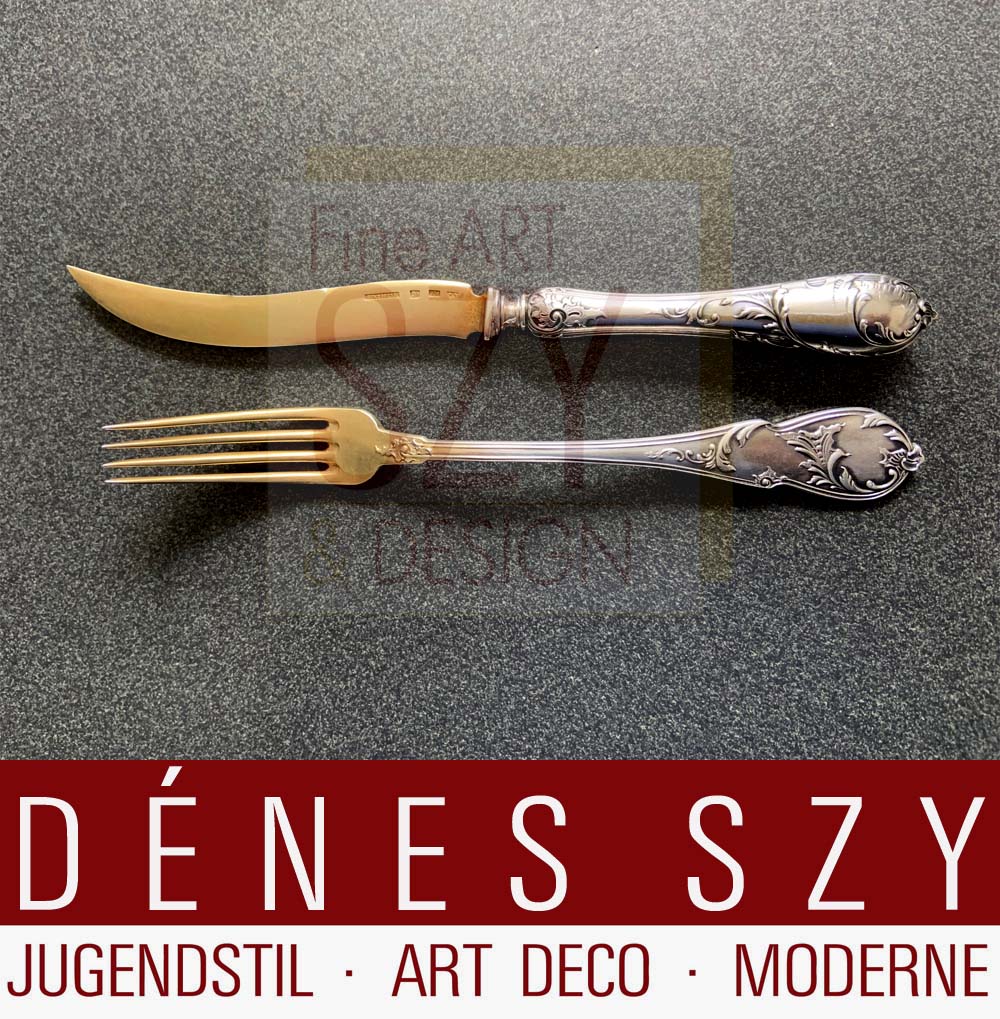 Posate da dessert in argento Art Nouveau, Modello Louis XV No. 101, Design ed esecuzione: Wolfers fréres, Bruxelles / Brussels Belgio ca.1900, Argento 800, parzialmente placcato in oro
