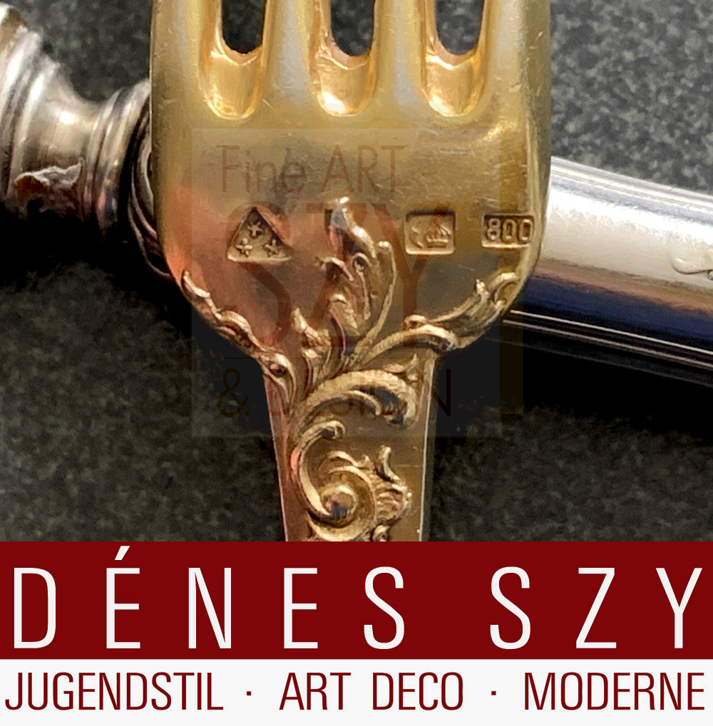 Posate da dessert in argento Art Nouveau, Modello Louis XV No. 101, Design ed esecuzione: Wolfers fréres, Bruxelles / Brussels Belgio ca.1900, Argento 800, parzialmente placcato in oro
