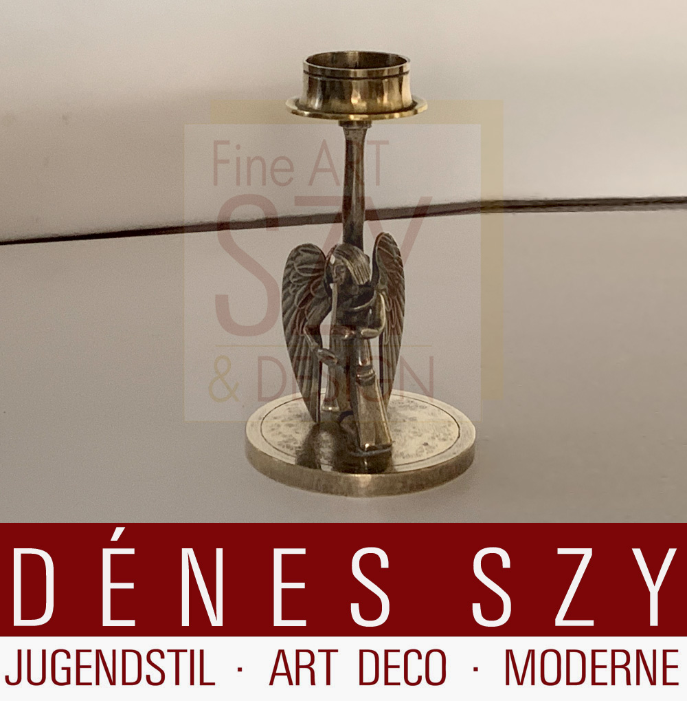 Candeliere dell'orchestra degli angeli - suonatrice con piffero, Design ed esecuzione: Herbert Zeitner, Lüneburg Germany 1940s, Argento 925 placcato oro