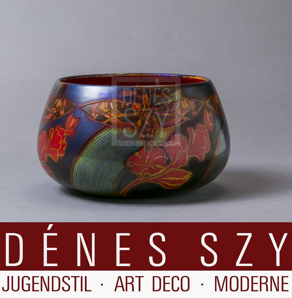 Cache-pot symboliste de Vilmos Zsolnay Hungary avec décor de libellules sur le pourtour vers 1900 Eozin Glaze