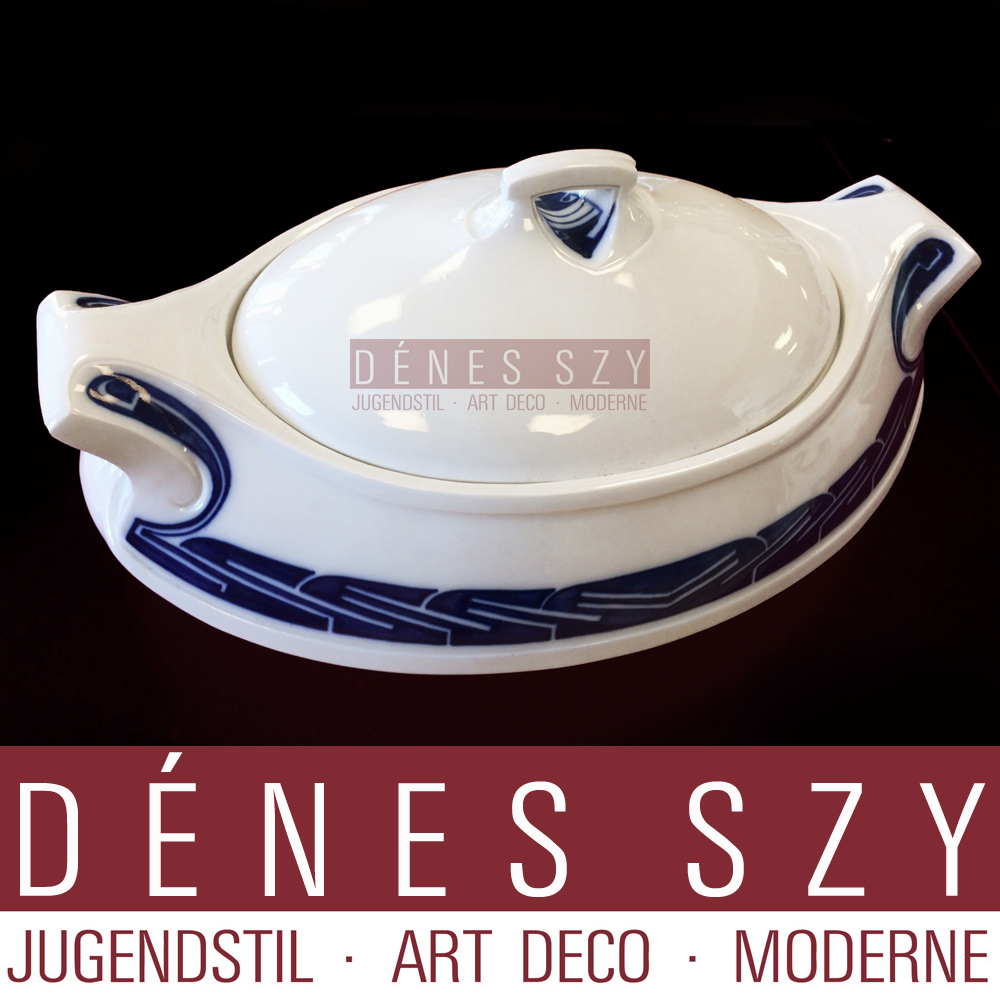 Henry van de Velde Meissen porcelain large covered soup turren, Décor Peitschenhieb (whiplash)