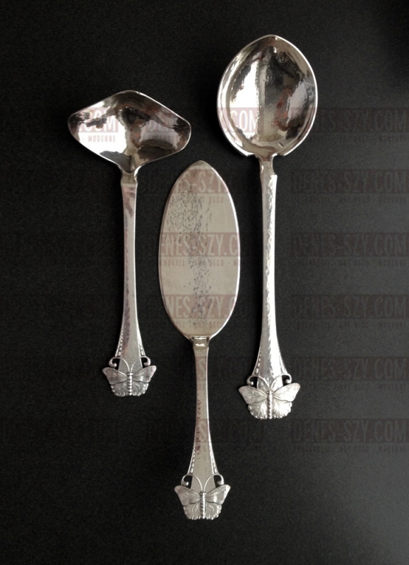 cucchiaio da servire forma cuore in argento danese epoca liberty collezione farfalle - immagine 3