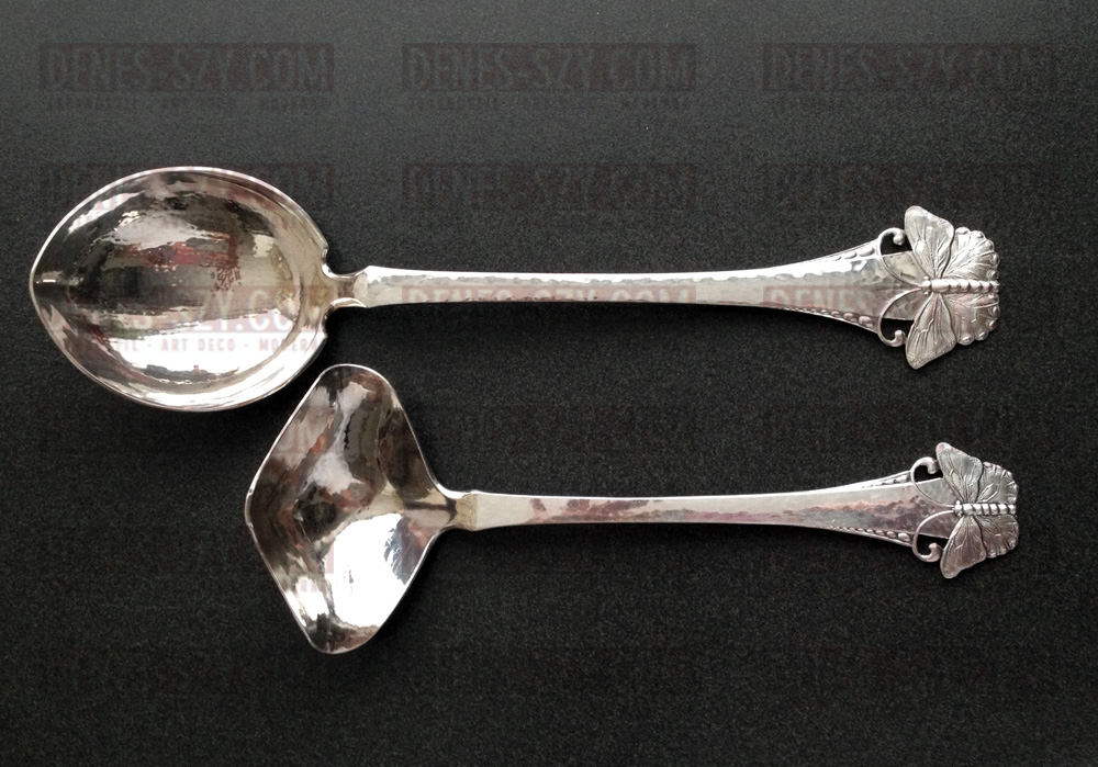 cucchiaio da servire forma cuore in argento danese epoca liberty collezione farfalle - immagine 9