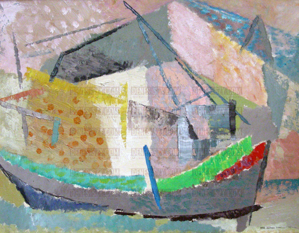 Bateau abstrait. Carton acrylique / solide. 48 x 35,5 cm. Signé en bas à droite E. Schulz