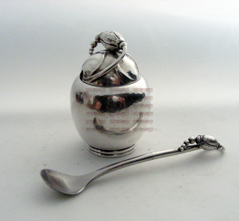 pre war Georg Jensen silver blossom mustard jar 2A green enamal