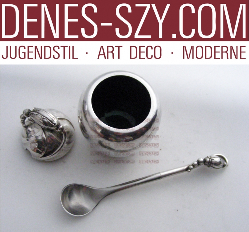 pre war Georg Jensen silver blossom mustard jar 2A green enamal