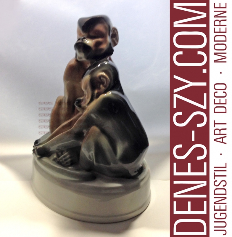 Jugendstil Porzellan Figur KPM Berlin, A. PUCHEGGER, Affengruppe