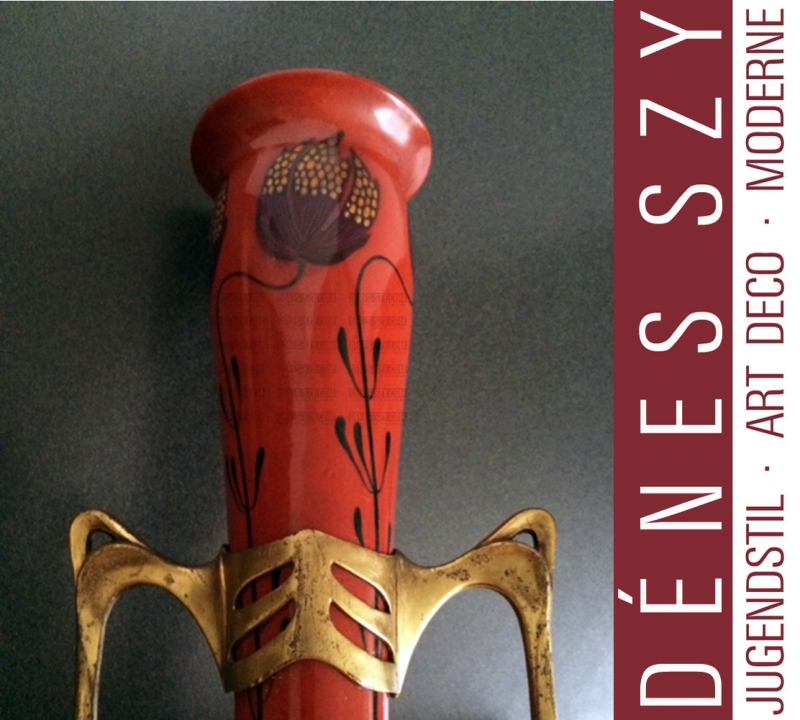 Zsolnay and Osiris Art Nouveau ceramic vase pair pewter mount