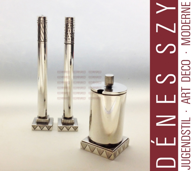 Ensemble d'épices, Salière et poivrière et pot de moutarde, Motif: "Skyscraper" # 793, Conception: Jorgen Jensen (Jörgen Jensen) 1936, Exécution: les orfèvres Georg Jensen, Copenhague 1933-44 (moutarde) et environ 1950 (sel et poivre) Danemark, Argent sterling, argent 925