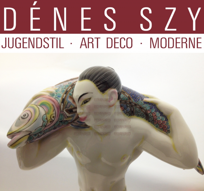 Figurine en porcelaine Art Nouveau, japonaise avec poisson du "train des noces", Exécution: KPM Berlin 1911, Conçu par Adolph Amberg 1904/05. Première formation du KPM Berlin de septembre 1908 à octobre 1910, Porcelaine avec peinture ART DECO exceptionnelle