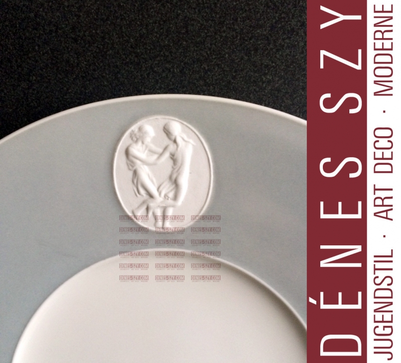 Dessert plate, menu plate with bisque porcelain medallion "DANCING NYMPHS"porcelain service Arkadia in gray, Design: Trude Petri and Siegmund Schütz 1938, Execution: KPM Berlin 1951-54, Selb, Germany