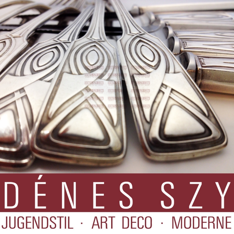 Design Peter Behrens, pattern house Behrens, rare art nouveau silver cutlery by Rueckert Mainz, Germany 1900-1901