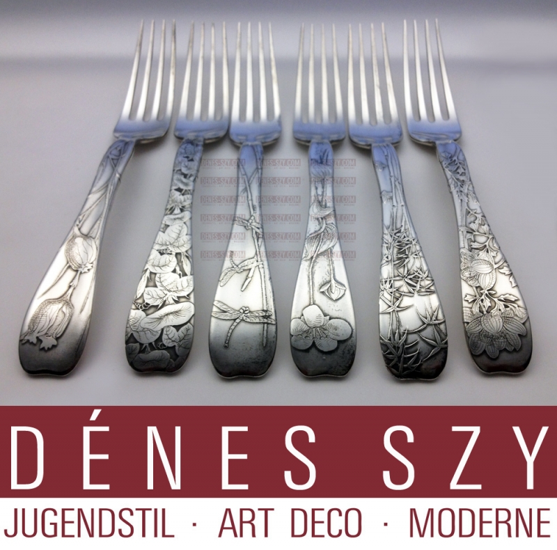 Couverts à thé, couverts à dessert pour 6 personnes, Couverts en argent Art Nouveau, Conception: Charles Grosjean 1880, Exécution: Tiffany and Co. New York 1880-91, USA, Argent 925, argent sterling, Modèle Lap-over-Edge # 1880, mouvement esthétique