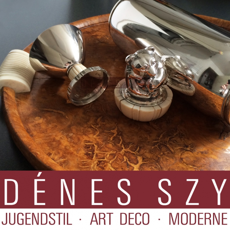 Evald Nielsen Set di frullatore cocktail con coppe e vassoio in argento Sterling decoro di orso bruno