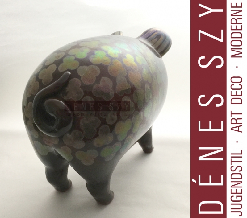 ZSOLNAY salvadanaio a forma di maiale in stile liberty, ceramica smaltata a lustro, Ungheria 1900