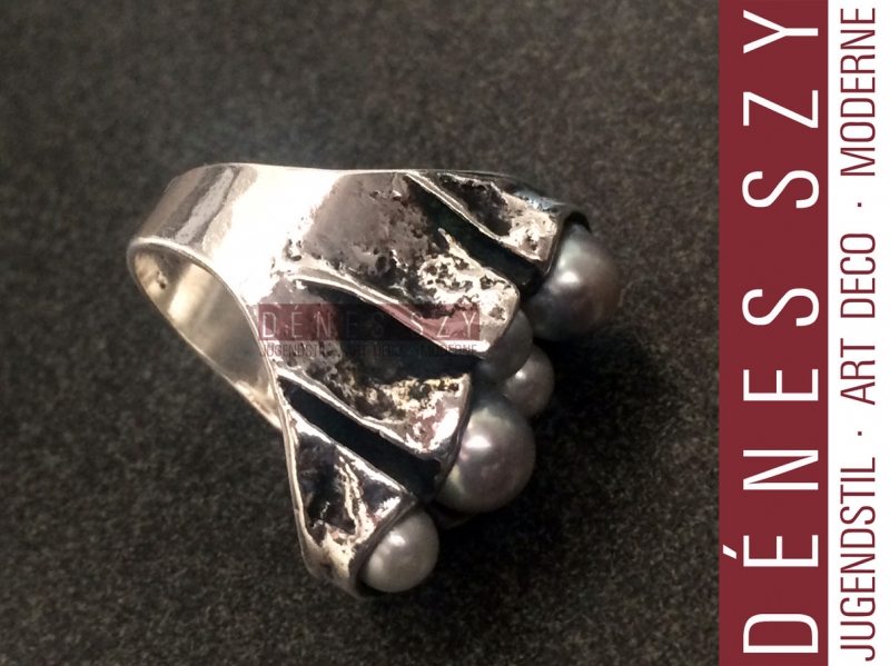 Mid Century Modern handmade Sterling ring with cultured pearls