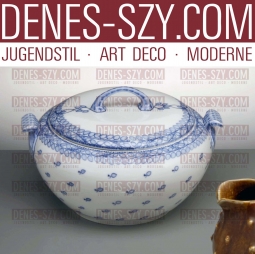 Terrina tonda con coperchio o zuppiera in porcellana di Meissen epoca liberty, modell pannocchia blu, Design di Richard Riemerschmid 1903