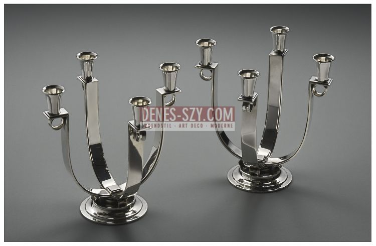 Georg Jensen silver, pair of Art Deco candelabra 623 B, Design: Otto Gundlach Pedersen, Execution: Georg Jensen Silversmithy, Copenhagen after 1945, Denmark, Sterling silver