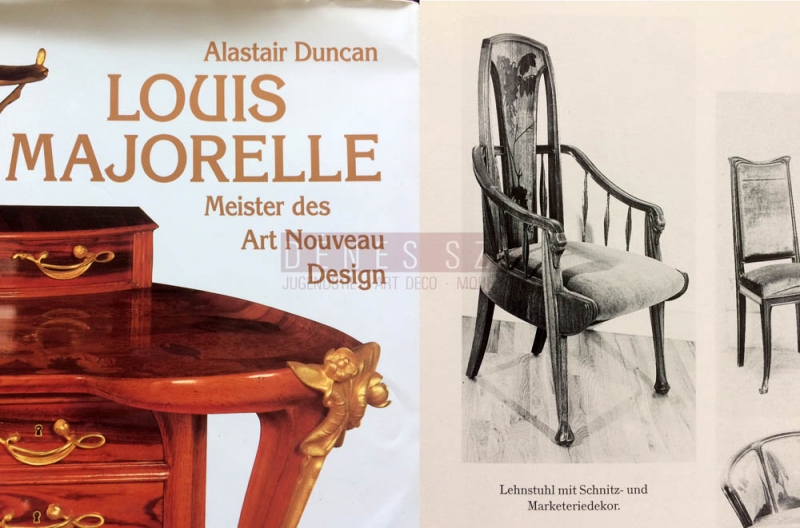 Louis Majorelle, Mahogany, nutwood and fruitwood, polished and with inlays. Upholstered. The backrest with twig-shaped inlays. Height 108cm, height of the seat approx. 46cm.