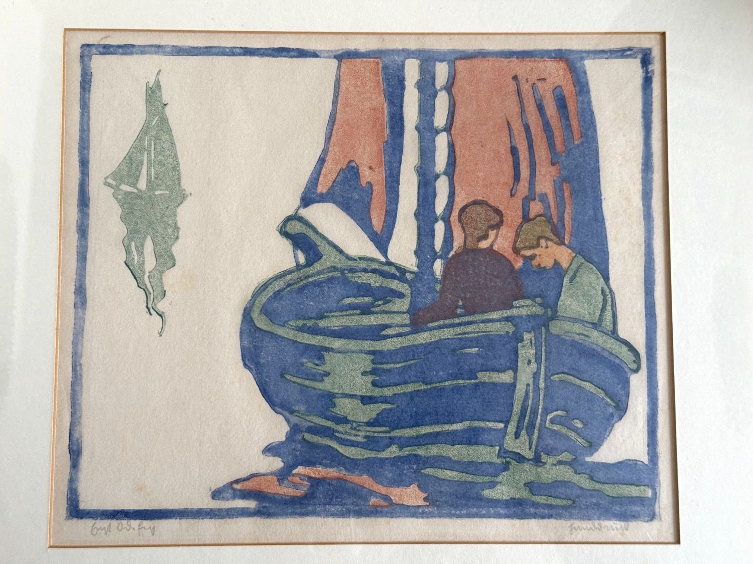 Ernst Odefey (1882–1964), „Segelpartie“, originaler Farbholzschnitt um 1915, handsigniert, mit zwei Personen in einem Segelboot.