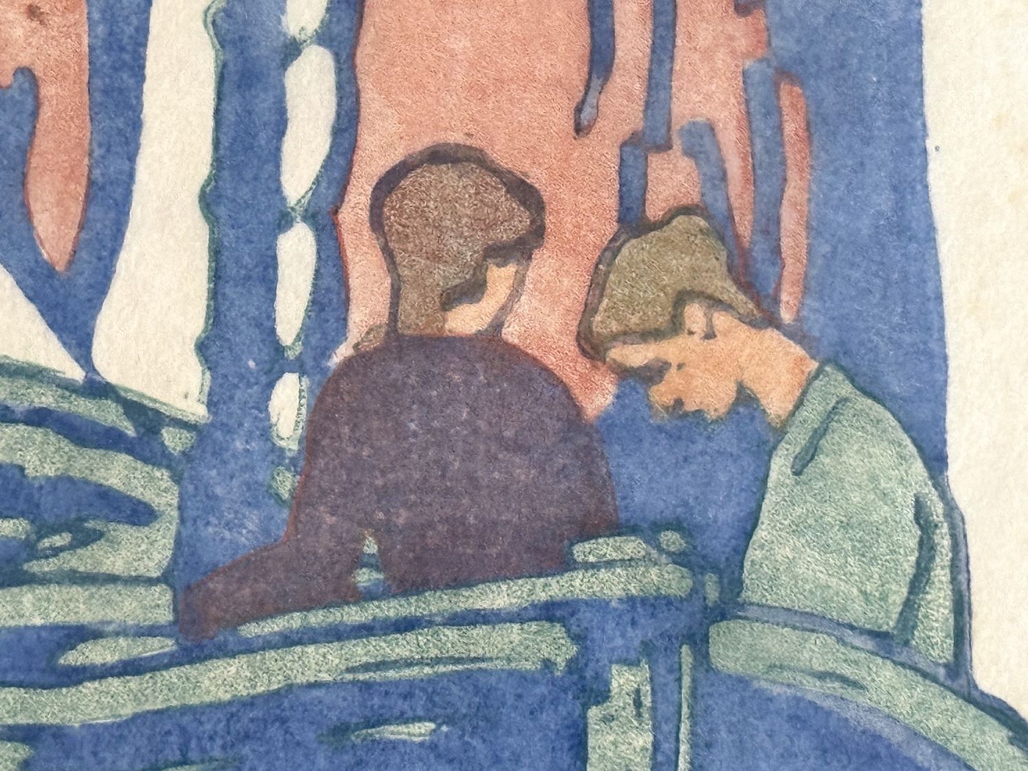 Ernst Odefey (1882–1964), „Segelpartie“, originaler Farbholzschnitt um 1915, handsigniert, mit zwei Personen in einem Segelboot.