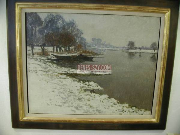 Max Clarenbach, winter on the Erft with boat by Duesseldorf